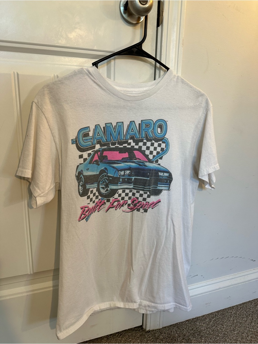 Junk Food Clothing White Camaro Graphic Tee with Blue & Pink Print